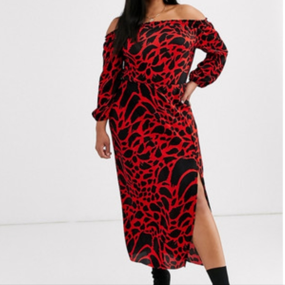 ASOS DESIGN Curve Red & Black Leopard Print Bardot Midi Dress